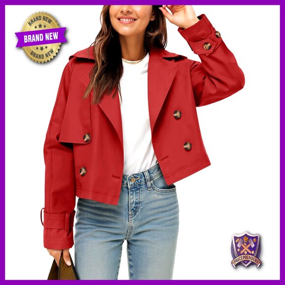 Cropped Trench Coat Double Breasted Lapel Casual Jacket Lightweight Vintage
